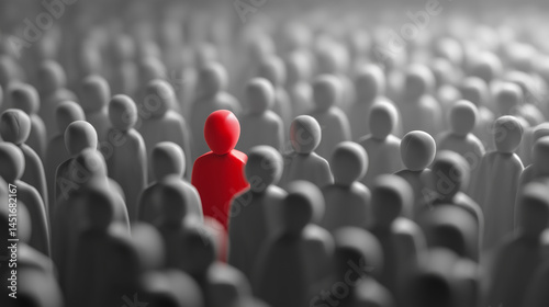 Red figure standing out among numerous gray figures representing uniqueness and individuality in a crowd of anonymity and conformity