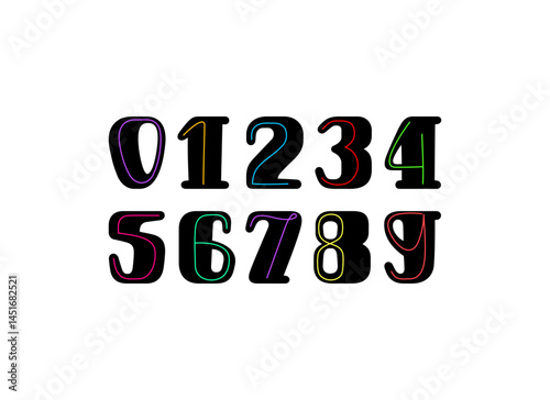 Black rounded numbers, beautiful numerals 0 to 9 with colorful wire, vector illustration 10EPS