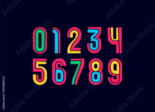 Colorful numbers set in the bright kids style, multicolored numerals 0 to 9 made in child art style, vector illustration 10EPS