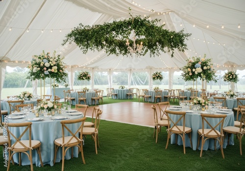Elegant wedding tent with greenery, tables, and dance floor.