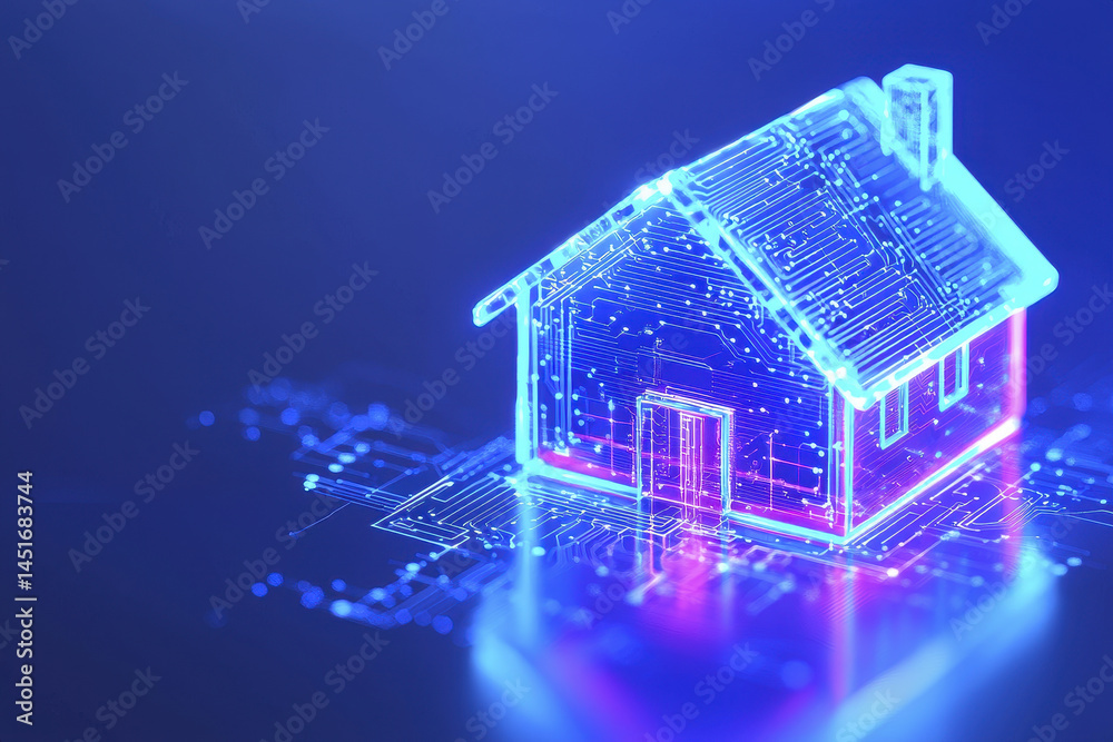 glowing smart home model with vibrant IoT technology, showcasing digital circuits and connectivity