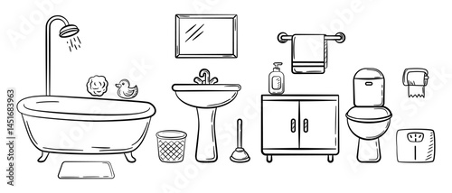 Set of Bathroom Equipment in Hand Drawn Doodle Style for Hygiene and Interior Concepts