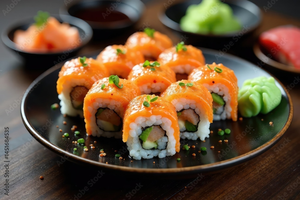 Various sushi rolls on a plate, soy sauce, wasabi , snack, delicacy, presentation
