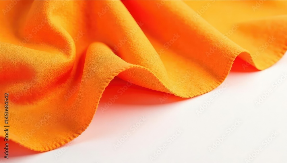 Vibrant orange fabric flap, stark white backdrop, surface, studio