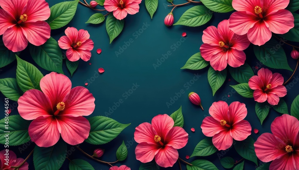 Vibrant hibiscus blooms, lush leaves, repeating pattern , summer, illustration, repeat