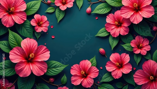 Obraz na płótnie Vibrant hibiscus blooms, lush leaves, repeating pattern , summer, illustration, repeat w salonie