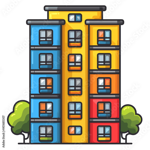 Colorful residential complex, vector illustration. Modern urban building with bright color sections. Cartoon architecture for a real estate concept, isolated facade of an apartment block for design.