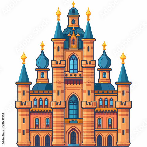 Fairy tale castle in cartoon style, vector illustration. Palace or cathedral inspired by Russian architecture with colorful onion domes. Isolated on white background clipart for tourism and travel des