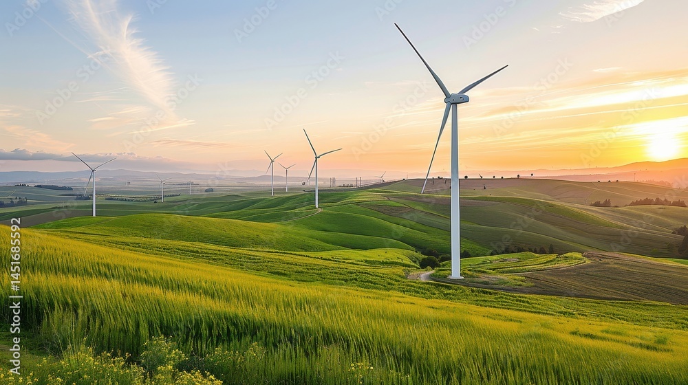 Obraz premium Scenic View of Wind Turbines on a Green Field at Sunset Generating Renewable Energy with Clear Sky and Sun Haze in the Background