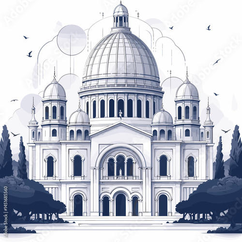 Elegant monochrome illustration of a famous basilica in a line art style. Architectural sketch of a historic European cathedral for print, logo or design.