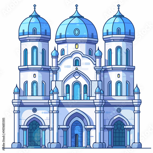 Majestic church with blue domes in minimalist style. Isolated vector icon of an ancient cathedral or monastery for travel design or a cultural project branding.