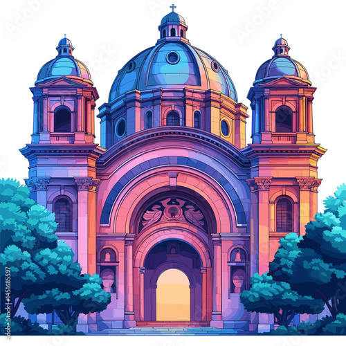 Fantastic vector illustration of an elegant arched cathedral in purple, blue, and pink tones against a magical sunset or sunrise – a symbol of spirituality and romance