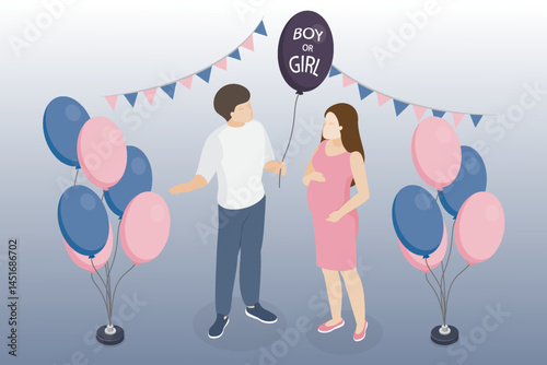 The couple holds a balloon with the inscription Boy or girl in their hands. Gender reveal party concept. Flat vector illustration.