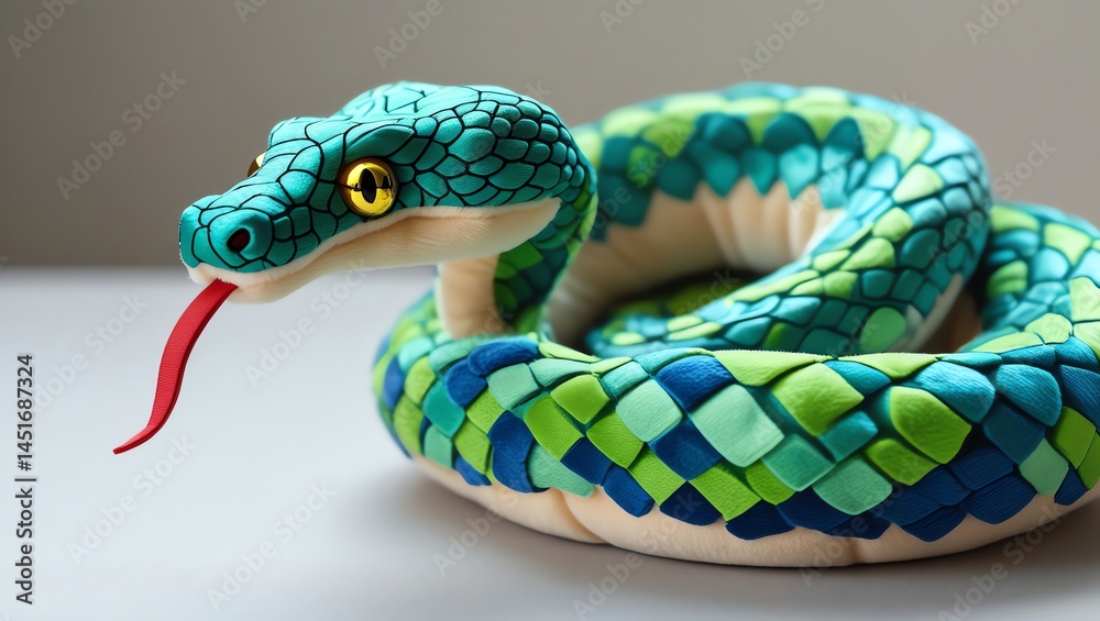 Obraz premium Vibrant Green Plush Snake Toy: A Detailed Close-Up
