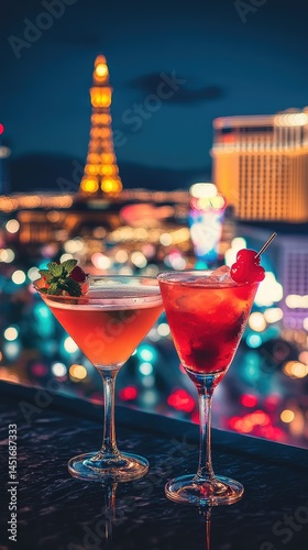 Night cocktails with city skyline view