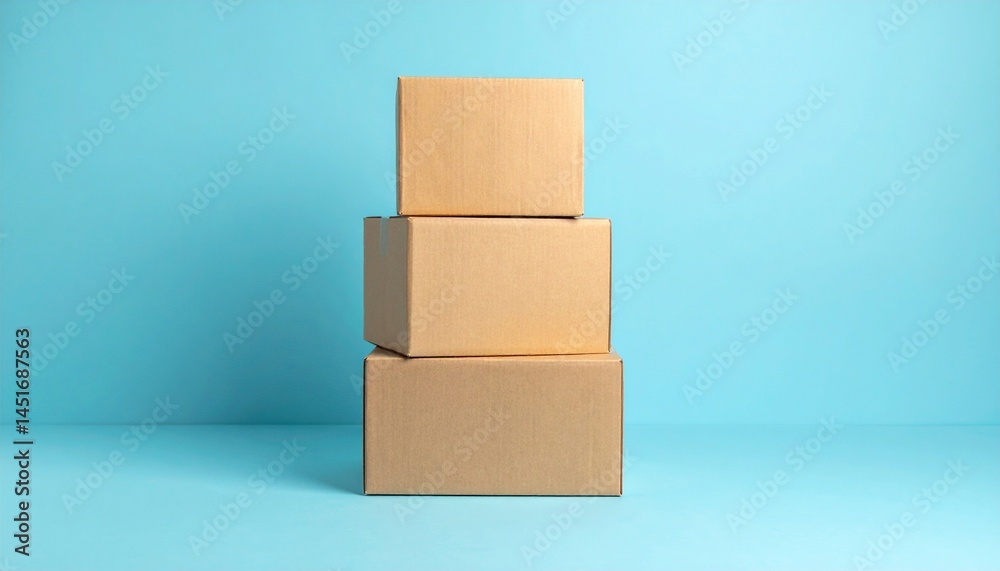Obraz premium Shipping boxes stacked neatly in a studio environment minimalist design soft blue background product photography