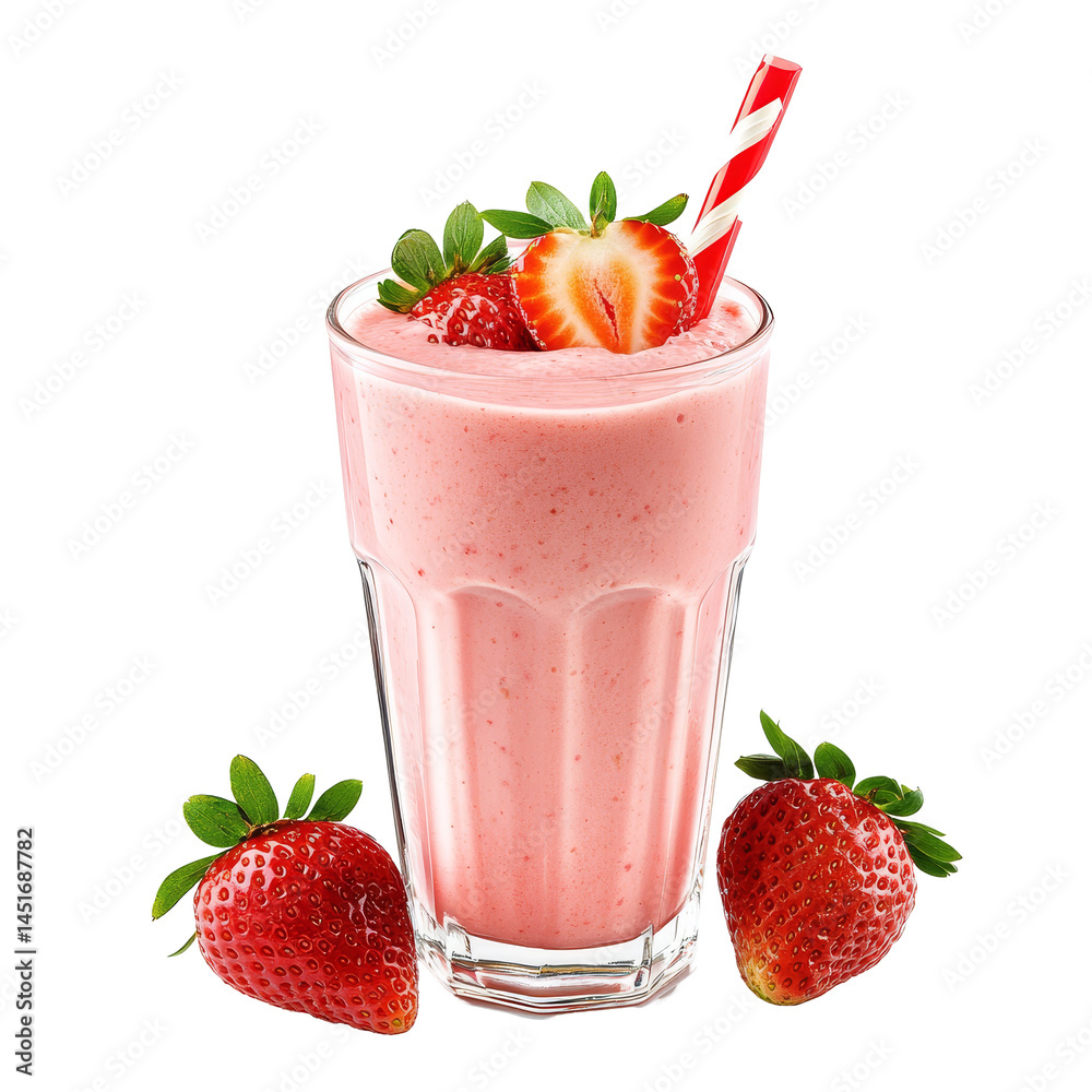 Refreshing strawberry smoothie served in a tall glass with fresh strawberries on a transparent background, Strawberry smoothie isolated on transparent background