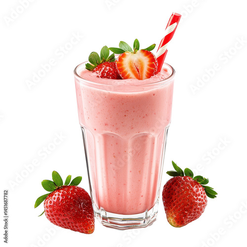 Obraz na płótnie Refreshing strawberry smoothie served in a tall glass with fresh strawberries on a transparent background, Strawberry smoothie isolated on transparent background w salonie
