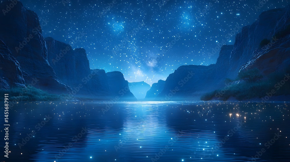 Fototapeta premium Serene river flowing through a moonlit valley under a starry night sky