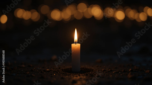 A close-up shot of a single, burning candle placed on dark ground, with a blurred background of out-of-focus warm golden lights.