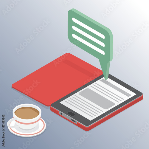 Reading ebook on digital tablet with cup of coffee and speech bubble. E-book reader concept. 3d flat isometric vector illustration. 