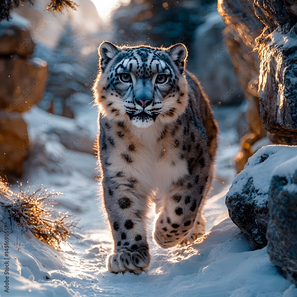 Fototapeta premium A snow leopard navigates the snowy cliffside terrain