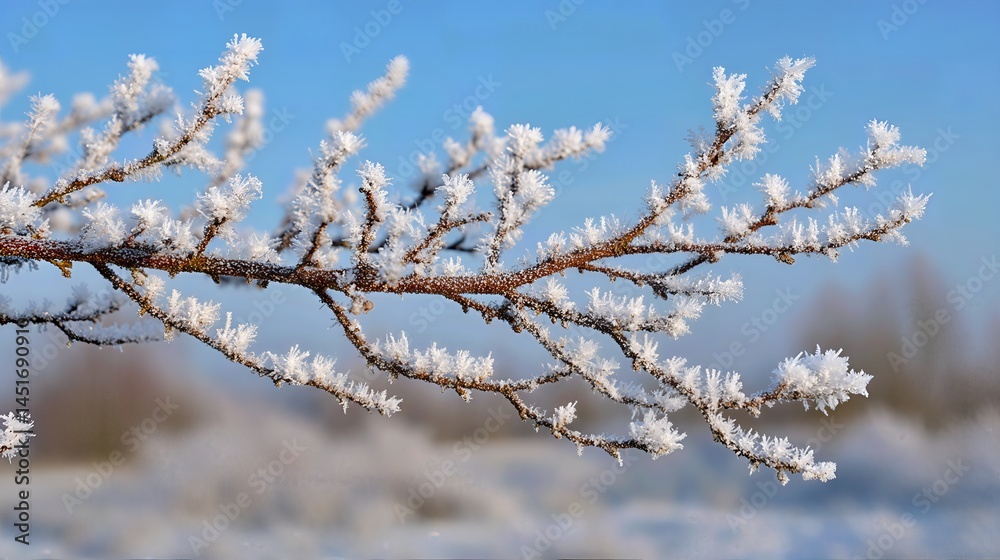 A close-up of a frozen tree branch reveals intricate ice crystals coating the delicate twigs, the cold winter air turning each detail into a beautiful, frosty sculpture.
A close-up of a frozen tree branch reveals intricate ice crystals coating the delicate twigs, the cold winter air turning each detail into a beautiful, frosty sculpture.