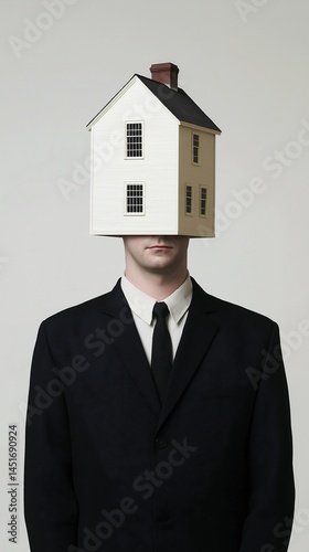 A surreal portrait of a man with a house for a head, blending human form with imaginative architecture to create a whimsical