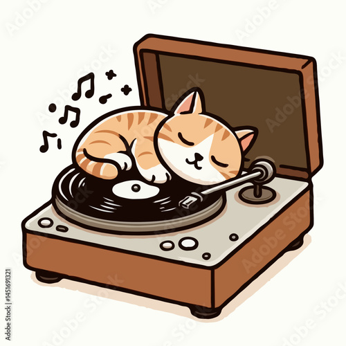 Cat sleeping on vinyl record player