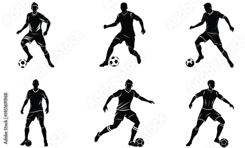 Six Silhouettes of Soccer Players in Action Poses with Balls for Sports Design