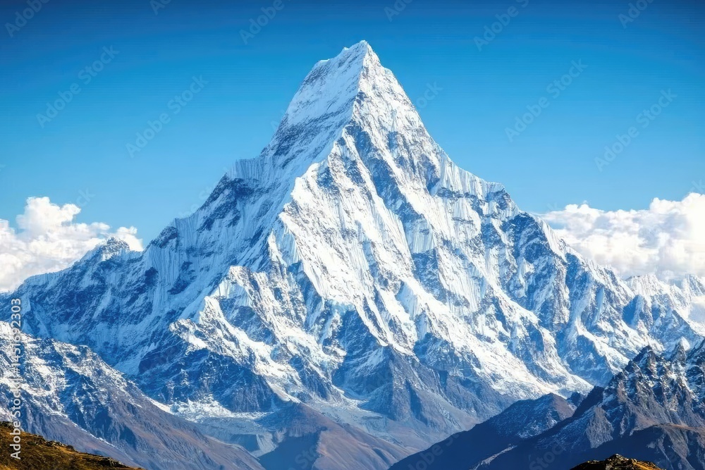 Fototapeta premium Majestic snow-capped mountain peak, vast blue sky