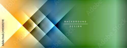 Abstract geometric shapes blend vibrant colors. Gradient transitions create modern visual effect. Minimalist design suitable for backgrounds.
