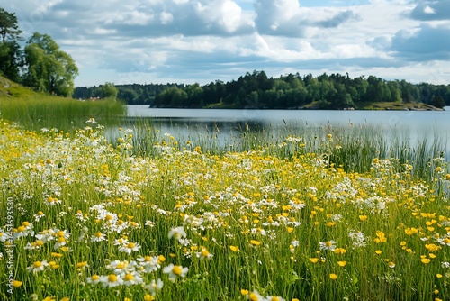Peaceful Swedish Meadow Near a Calm Lake Filled with Natural Beauty photo