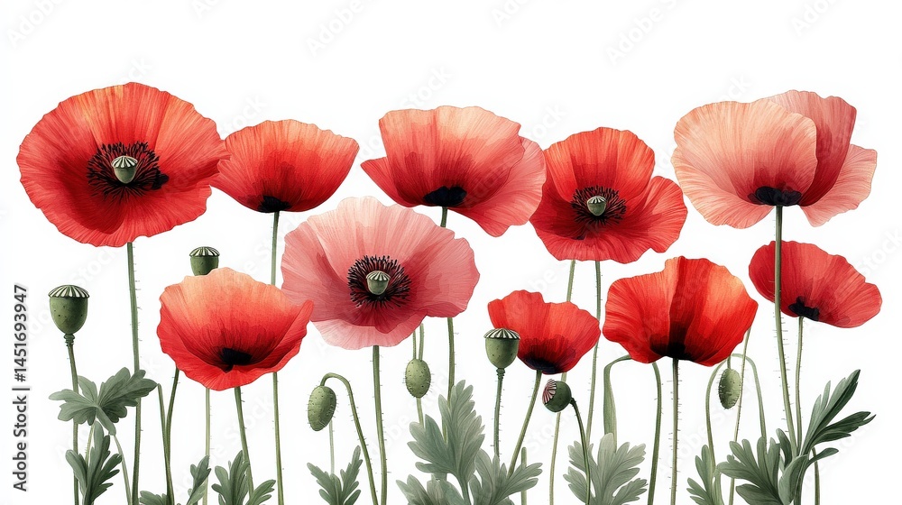 Fototapeta premium Vibrant red poppies in full bloom with delicate petals and lush green leaves against a white backdrop
