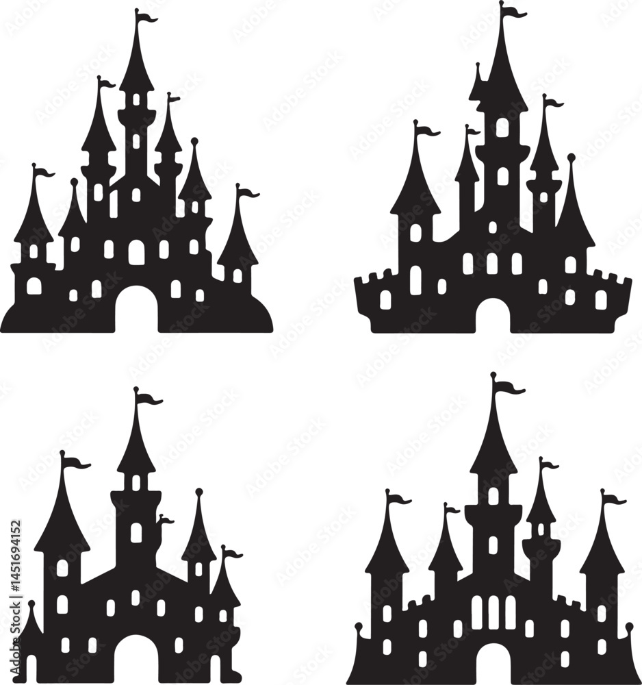 Fototapeta premium Black Castle Silhouettes Clipart – Fairytale, Medieval, Fantasy & Towered Castles Vector Set