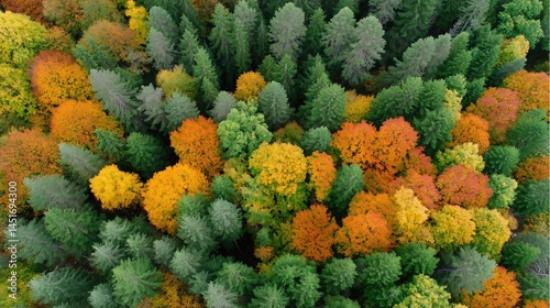 The aerial view captures the beauty of the autumn forest, with a blend of mixed trees, their foliage transformed into a stunning array of warm colors, highlighting the seasonal change.

