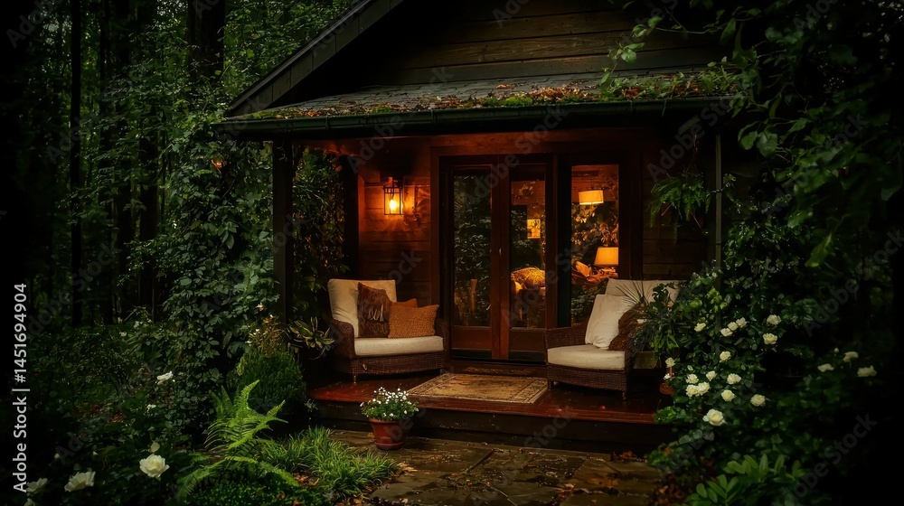 Fototapeta premium A small cabin porch surrounded by lush green foliage and flowers