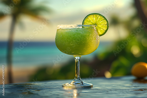 Refreshing margarita on a sunlit patio. Perfect for summer promotions, beach bar menus, Cinco de Mayo celebrations, or tropical vacation ads. Enjoy the cool, vibrant vibe.