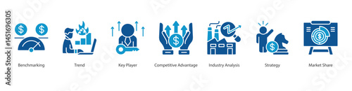 Industry Competitive icon sheet web vector illustration benchmarking, trend, key player, competitive advantage, industry analysis, strategy, market share