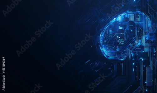 Abstract futuristic technology background with blue color, human brain and circuit board elements on a dark blue gradient backdrop