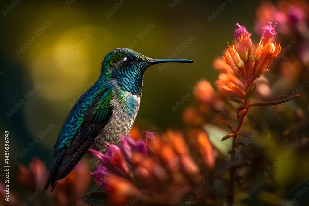 Fototapeta premium A hummingbird perched on vibrant flowers with a blurred background in a natural setting outdoors