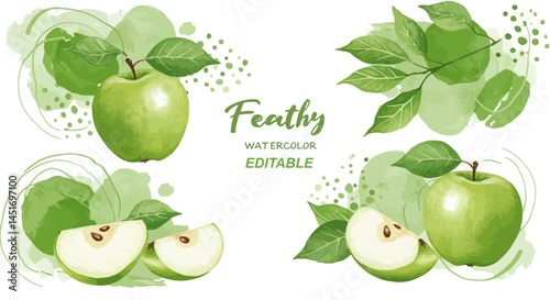 Watercolor Green Apples & Leaves: Editable Botanical Elements
