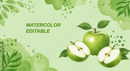 Green Apple Watercolor Banner:  Botanical Frame & Editable Design