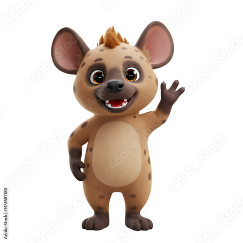 Hyena Character Waving with Happy Expression on Transparent Background