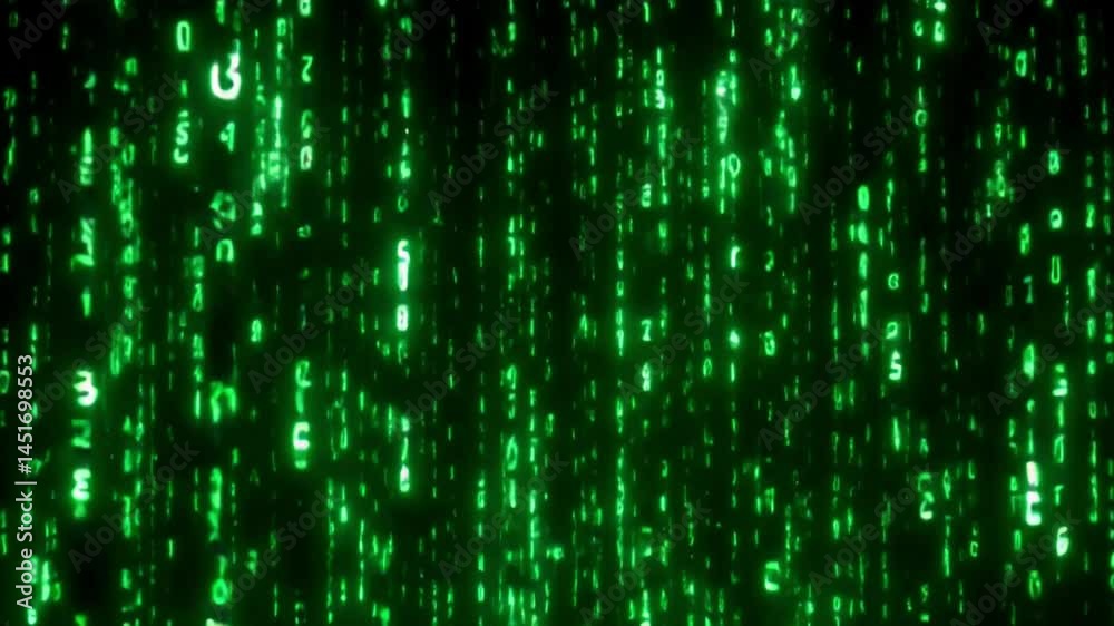 Digital rain code in green glowing characters representing cybersecurity and hacking concept