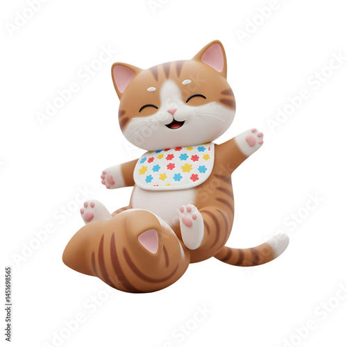 Cartoon Cat Lying on Back Wearing Bib Smiling and Happy