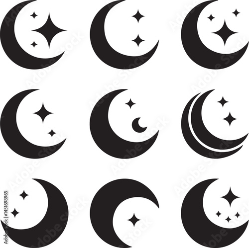 Black Crescent Moon Silhouettes Clipart – Waxing, Waning, Thick, Thin & Mystical Vector Set

