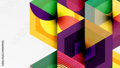 Abstract geometric composition. Vibrant colors intersect, creating dynamic visual texture. Shapes overlap, forming complex patterns. Modern design elements present.