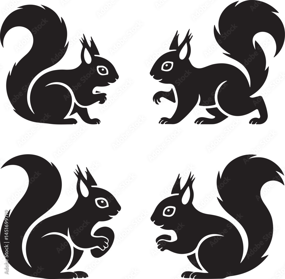 Obraz premium Black Squirrel Silhouettes Clipart – Sitting, Standing, Leaping & Tail-Heavy Rodent Vector Set
