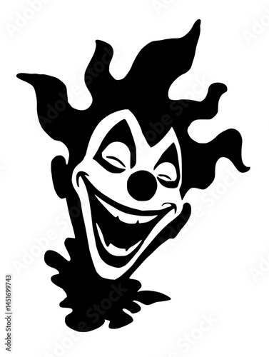 Creepy Clown Face in Black Silhouette Art, Disturbing black and white cartoon illustration of a grinning clown with exaggerated features and messy hair, evoking a spooky, unsettling vibe.

